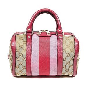 Gucci Vtg GG Beige Supreme Pink Red Web & Leather Joy Boston Tote Bag Auth Small